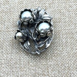 Vintage Silver Faux Pearl Brooch with Art Nouveau Design Floral Large Ornate Pin